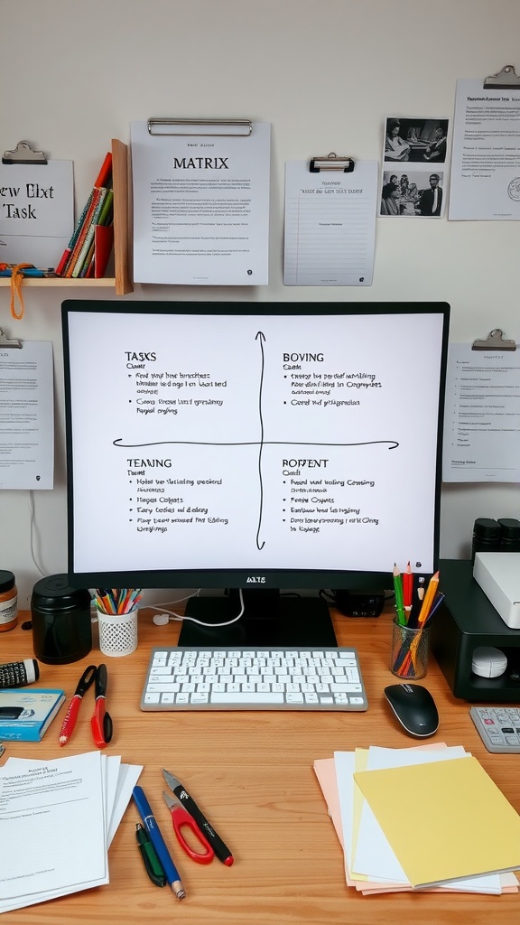 A desk with a computer displaying the Eisenhower Matrix, showing task prioritization.