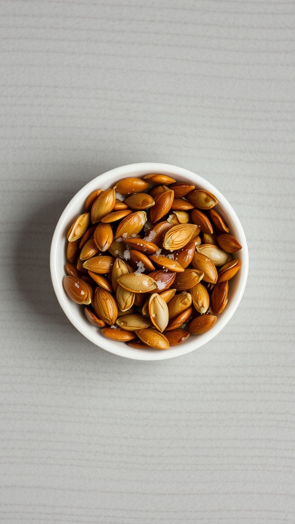A bowl of pumpkin seeds on a gray surface