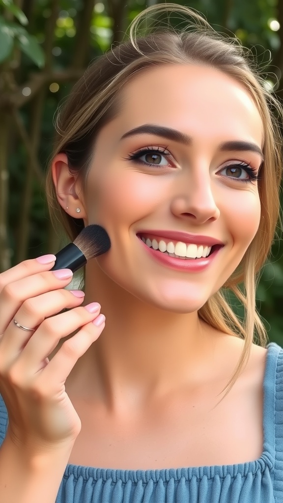 A woman applying blush to her cheeks while smiling