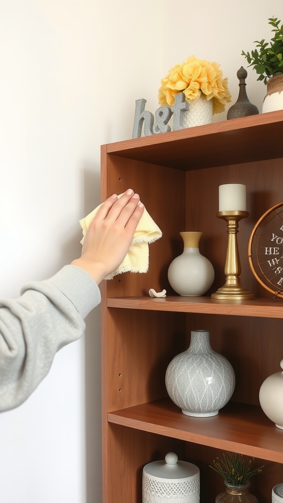 A person dusting a wooden shelf with decorative items using a microfiber cloth.