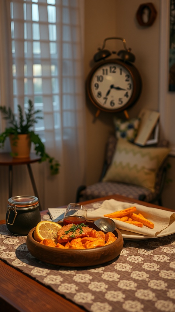 A cozy dining setup featuring a wooden bowl of a lemon dish with sweet potato fries on the side.