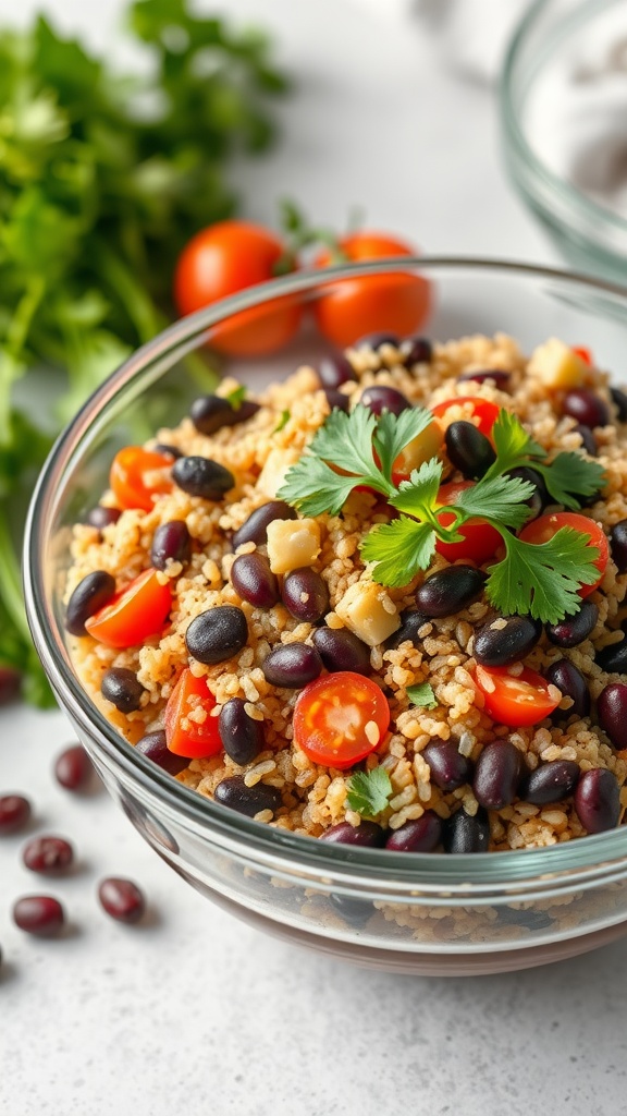 A vibrant quinoa and black bean salad with cherry tomatoes and fresh cilantro.