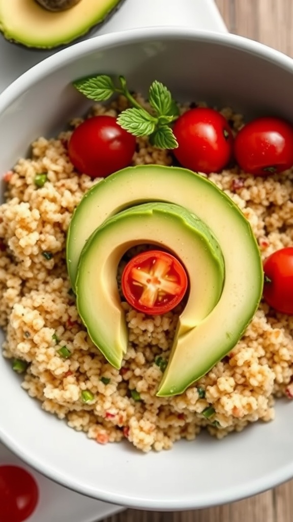A bowl of quinoa topped with avocado, cherry tomatoes, and mint leaves.