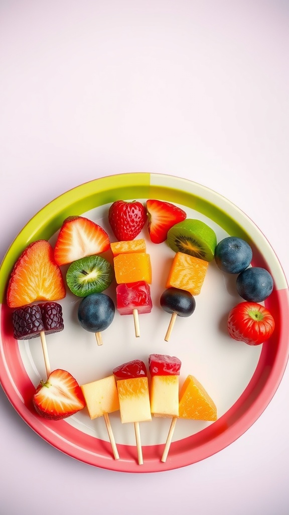 A colorful plate of rainbow fruit skewers featuring strawberries, blueberries, kiwi, and more.