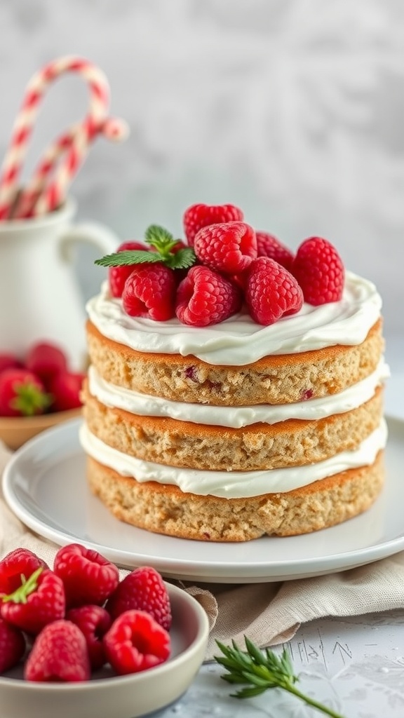 A beautiful Raspberry Almond Cake topped with fresh raspberries and creamy frosting.