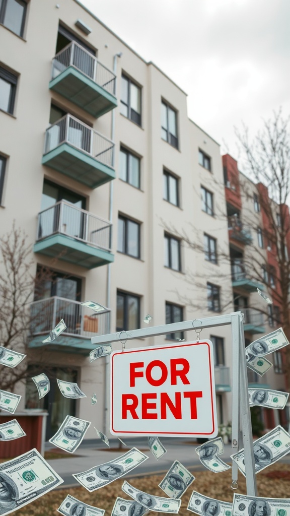 Apartment building with a 'For Rent' sign and dollar bills around it.