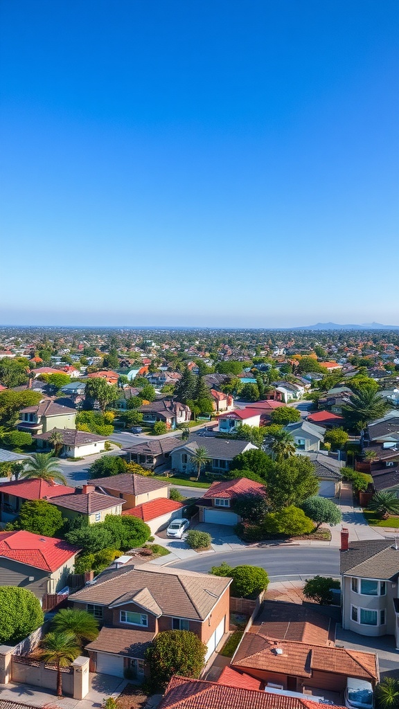 Aerial view of a suburban neighborhood with various houses and clear blue sky.