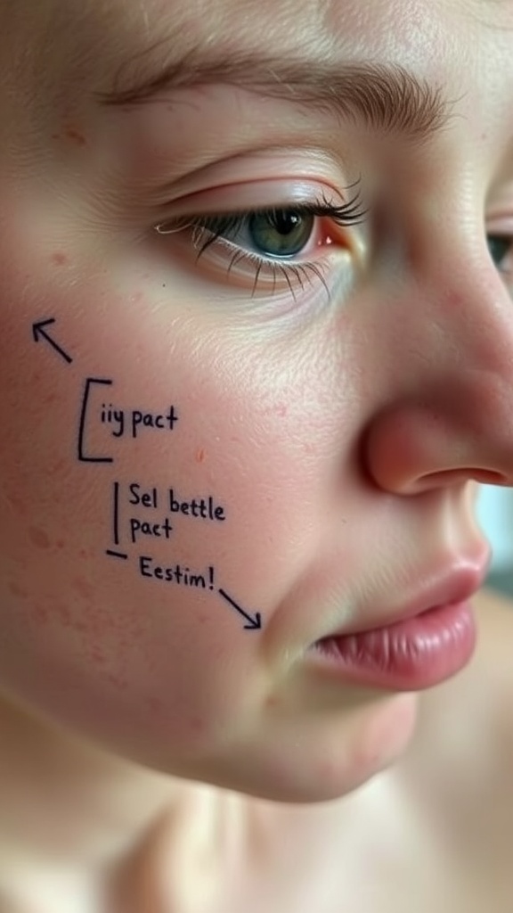 Close-up image of a person's face showing signs of dehydrated skin with notes on the skin surface.