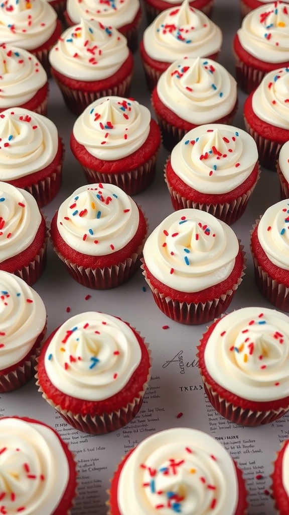 A close-up of red velvet cupcakes with cream cheese frosting and colorful sprinkles.
