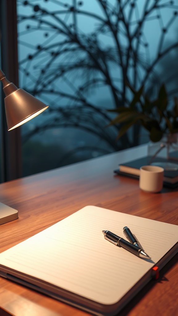 A cozy workspace with a notebook, pens, and a lamp, perfect for reflective journaling before sleep.