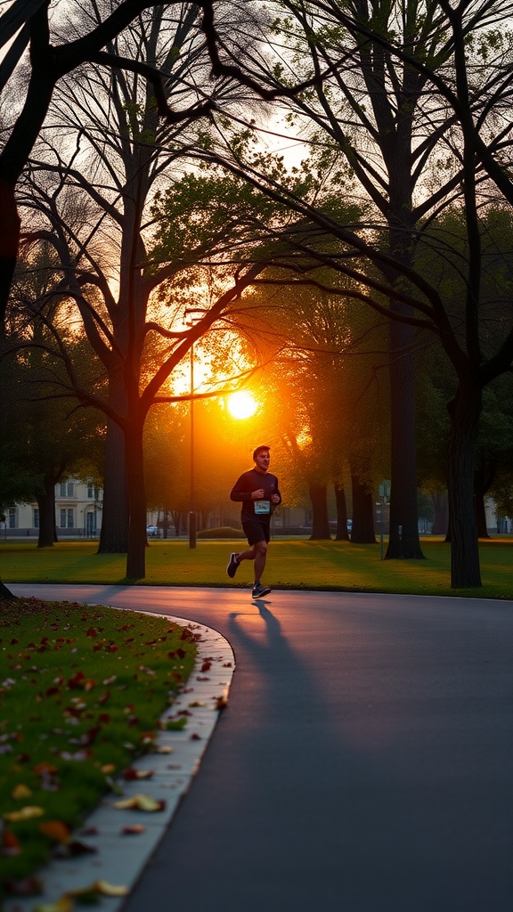 Person jogging in a park during sunset