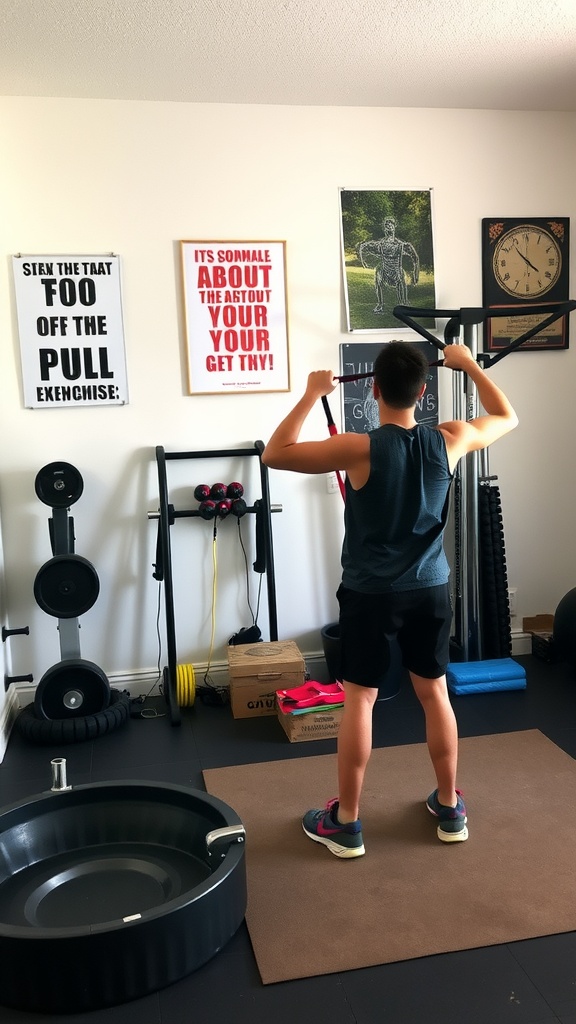 A person performing a resistance band workout in a home gym.