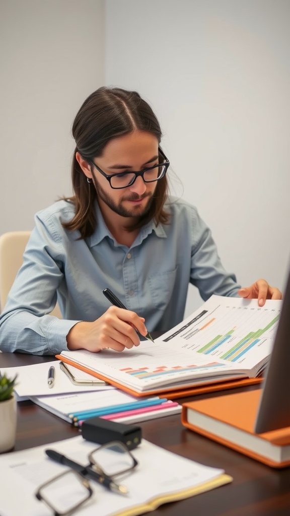 A person reviewing financial charts and notes in a budget planner.