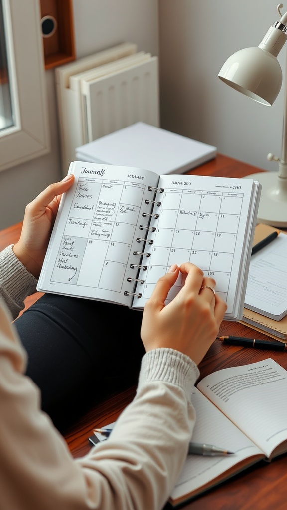 A person reviewing a planner filled with scheduled tasks and notes.