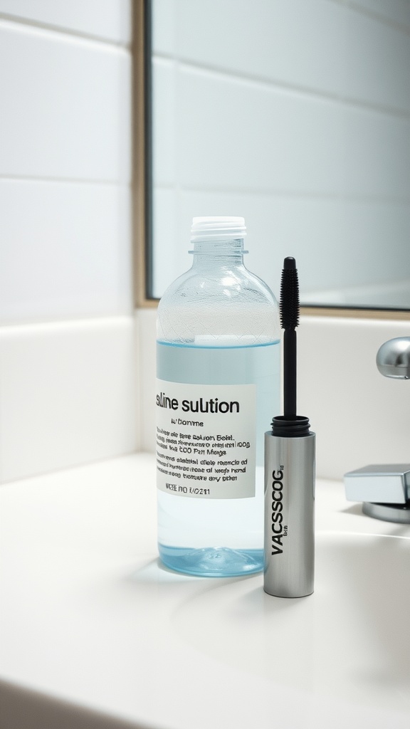 A bottle of saline solution next to a mascara tube on a bathroom counter.