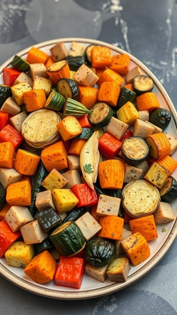 A colorful assortment of roasted vegetables on a plate.