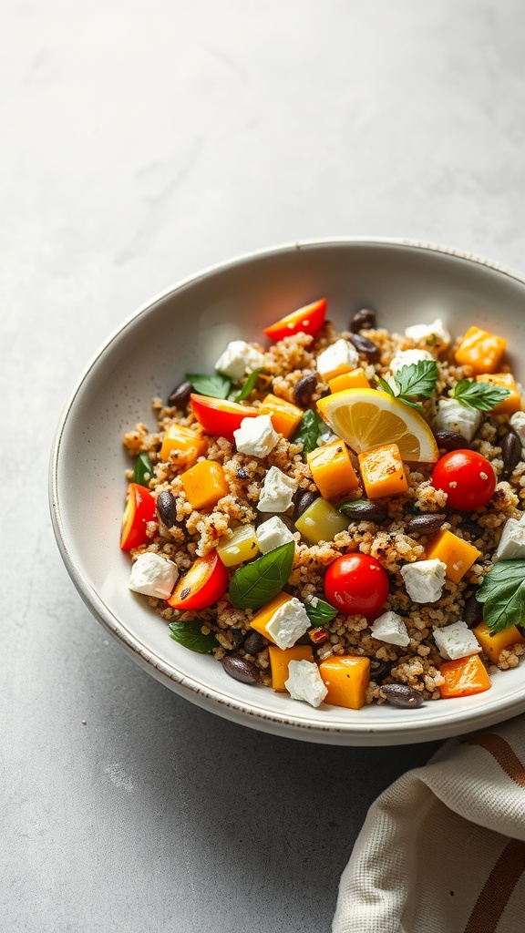 A bowl of roasted vegetable quinoa salad with tomatoes, cheese, and a lemon slice.