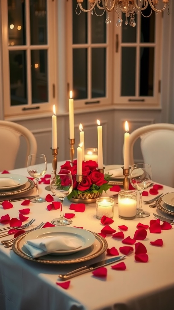A beautifully set dining table for a romantic candlelit dinner, decorated with candles and rose petals.