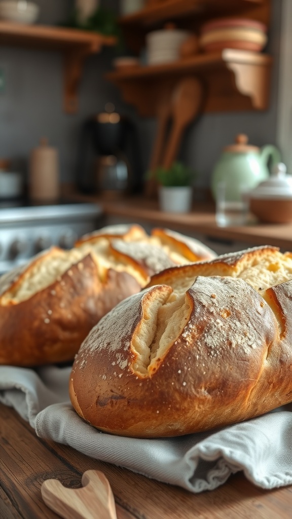Two freshly baked rustic bread loaves on a cloth, with a cozy kitchen background.