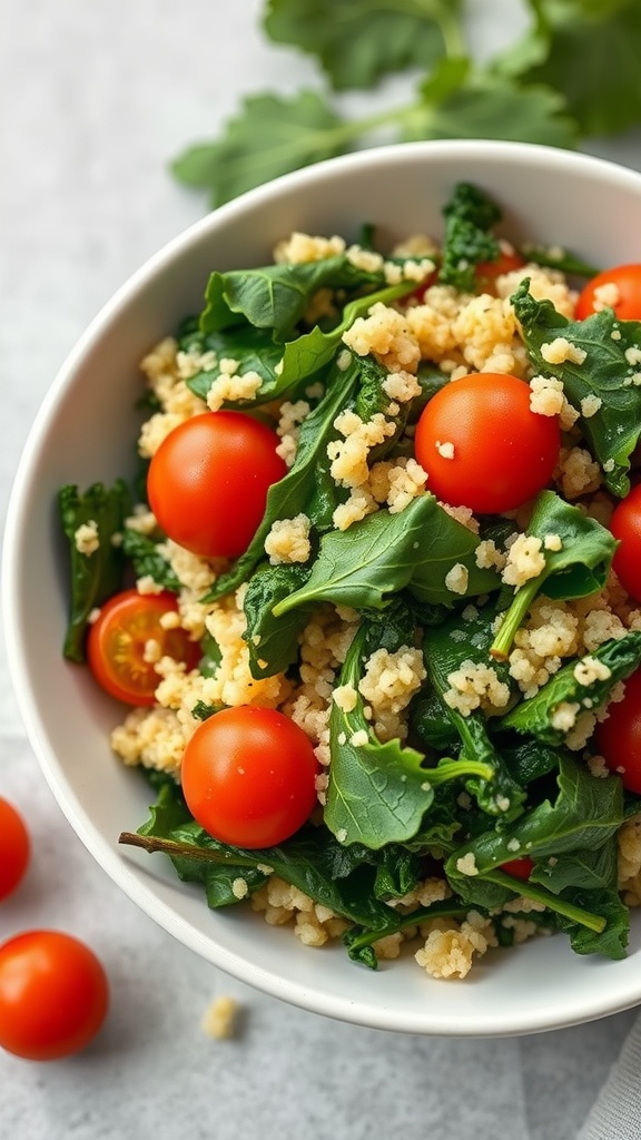 A bowl of sautéed kale and quinoa with cherry tomatoes on a light background.