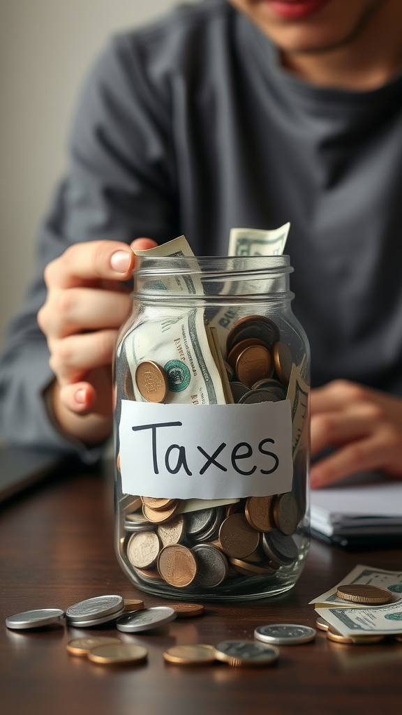 A jar labeled 'Taxes' filled with coins and dollar bills, with a hand placing more cash inside.
