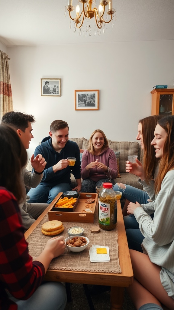 A group of friends enjoying snacks and drinks together in a cozy living room.
