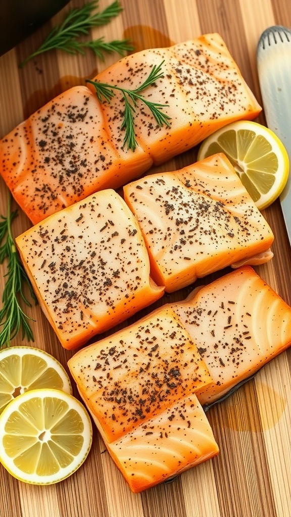 Salmon fillets seasoned with herbs and lemon slices on a wooden board.