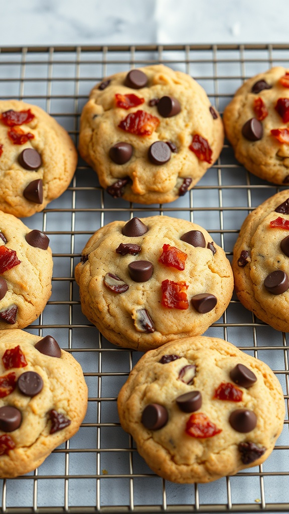 A tray of bacon chocolate chip cookies with chocolate chips and bits of bacon on top.