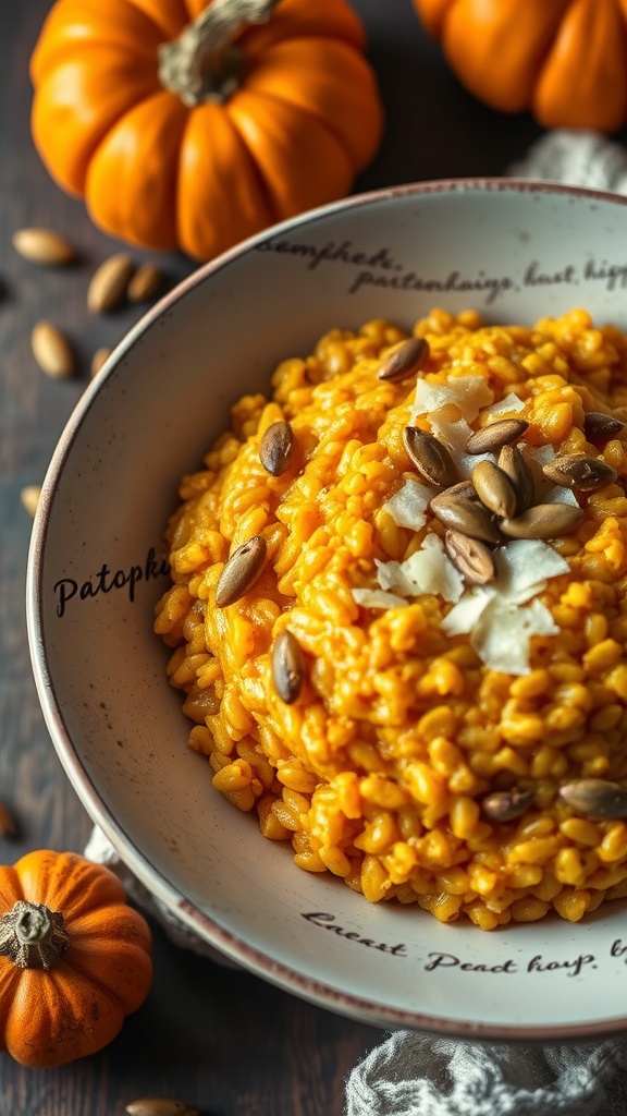 A bowl of creamy pumpkin risotto topped with roasted seeds and surrounded by small pumpkins.
