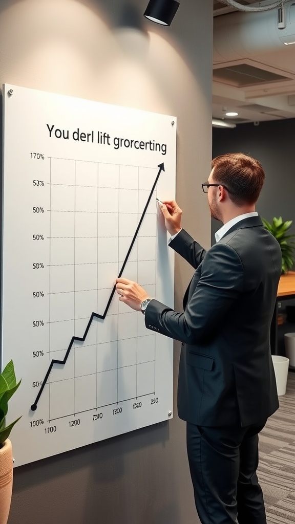 A person in a suit analyzing a growth chart in an office setting.