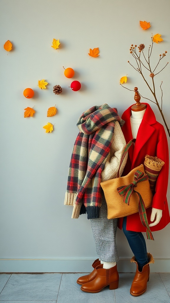 A mannequin showcasing fall outfits with a red coat, knitted sweater, and plaid scarf against a backdrop of autumn leaves.