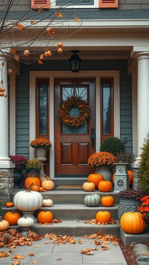 A cozy home entrance decorated with pumpkins and autumn flowers.