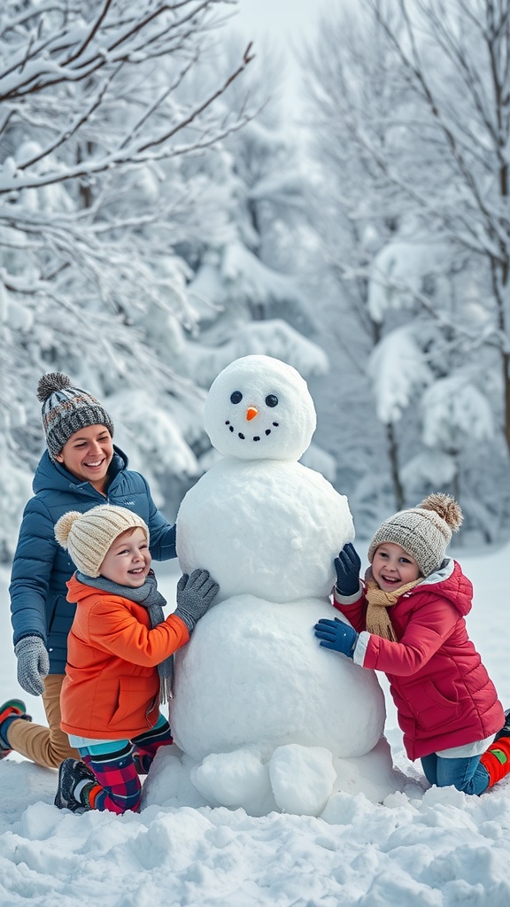 A family enjoying winter by building a snowman in a snowy landscape.