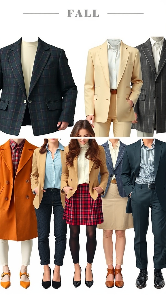 A collage of fall office outfits including blazers, skirts, and smart shoes.