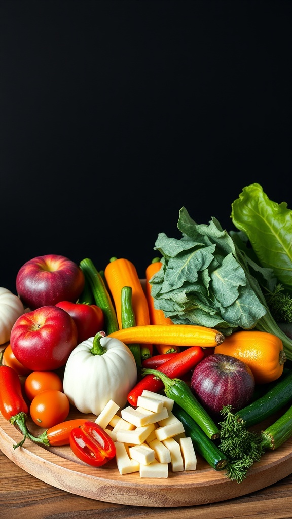 A vibrant assortment of fresh vegetables and apples arranged on a wooden platter.