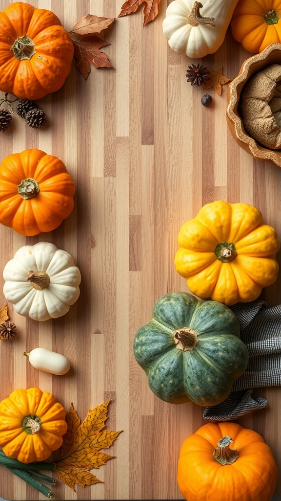 A variety of colorful pumpkins arranged on a wooden surface with autumn leaves.