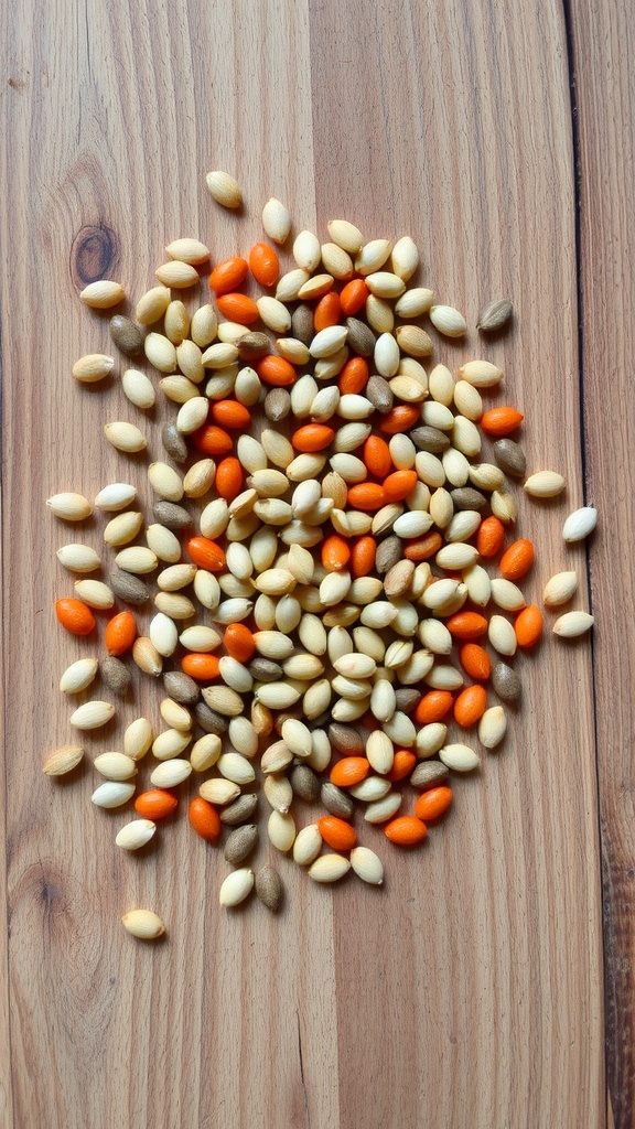 A variety of colorful seeds scattered on a wooden surface.