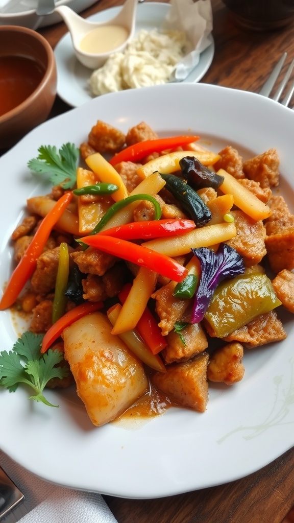 A plate of seitan stir-fry featuring colorful vegetables.