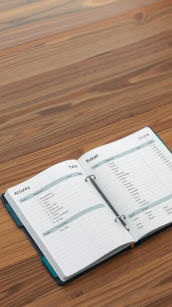 Open budget planner on a wooden table.