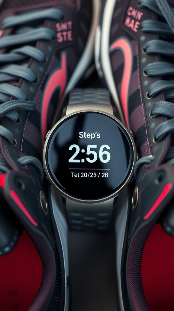 A smartwatch displaying step count beside a pair of running shoes.