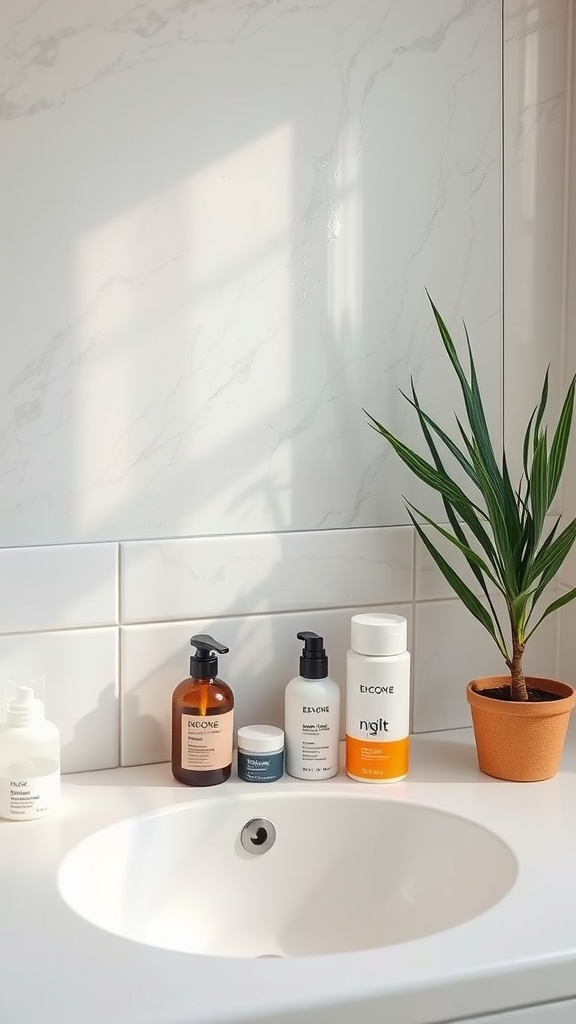 A clean bathroom sink with various skincare products arranged neatly beside a small plant.