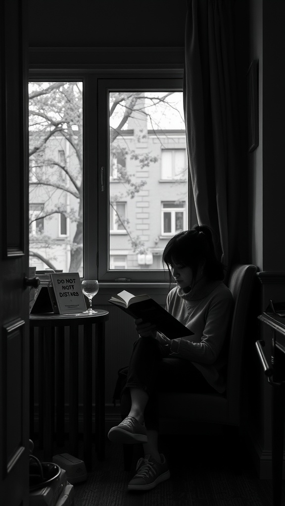 A person sitting in a cozy corner reading a book, with a 'Do Not Disturb' sign visible.