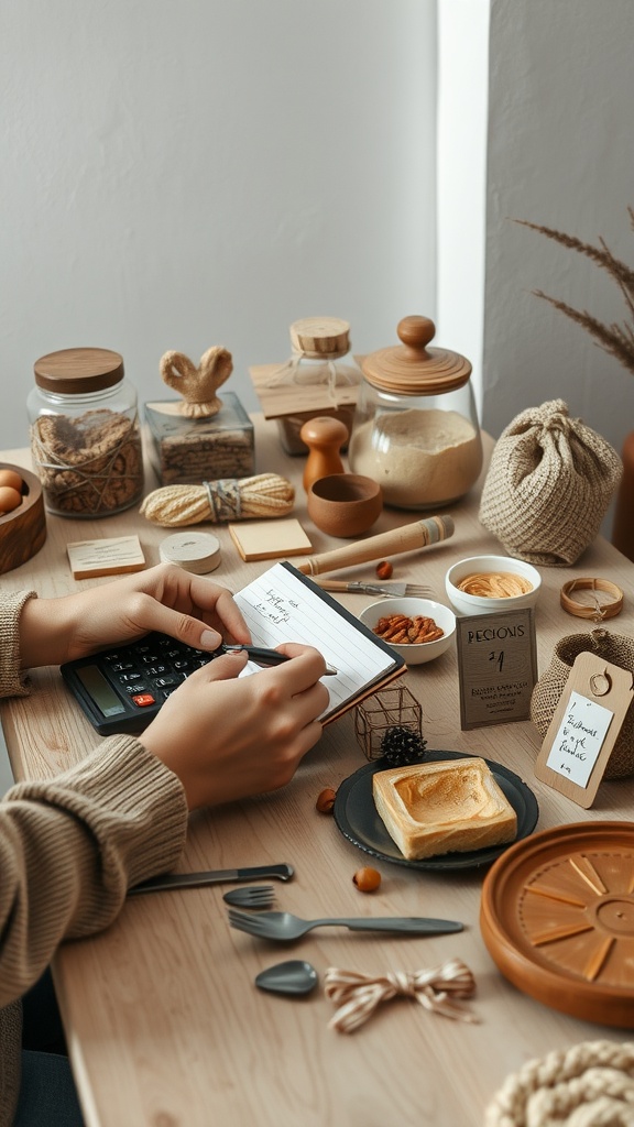 A person calculating prices with a calculator, surrounded by handmade products and ingredients on a wooden table.