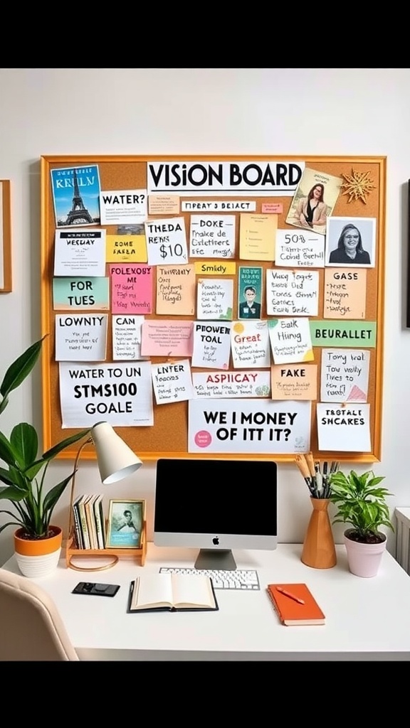 A workspace with a board displaying financial tips and goals for freelancers.