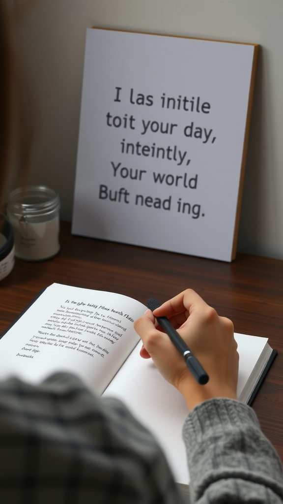 A person writing in a notebook with a motivational quote in the background.