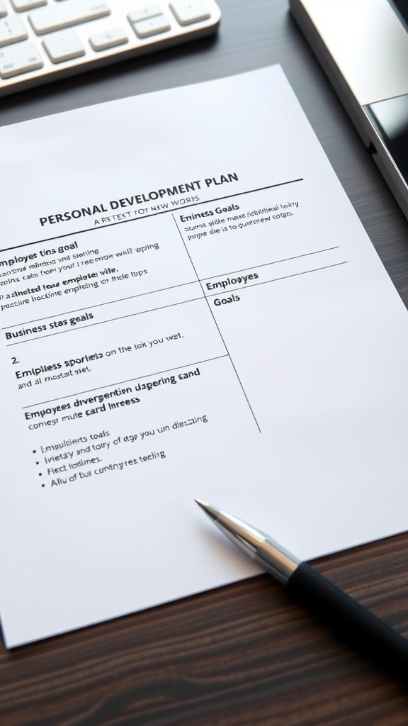 A personal development plan on a desk with a pen, laptop, and keyboard.