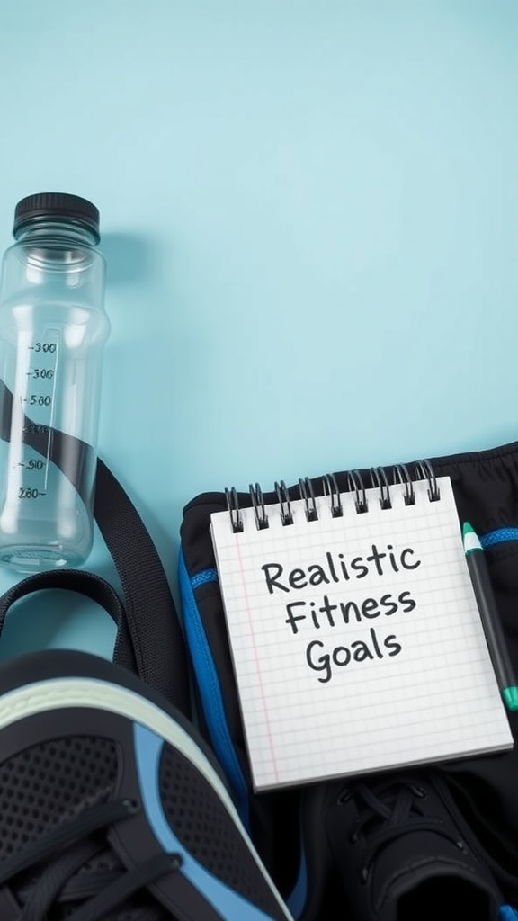 An arrangement of a water bottle, sports shoes, and a notepad with the text 'Realistic Fitness Goals' on a blue background.