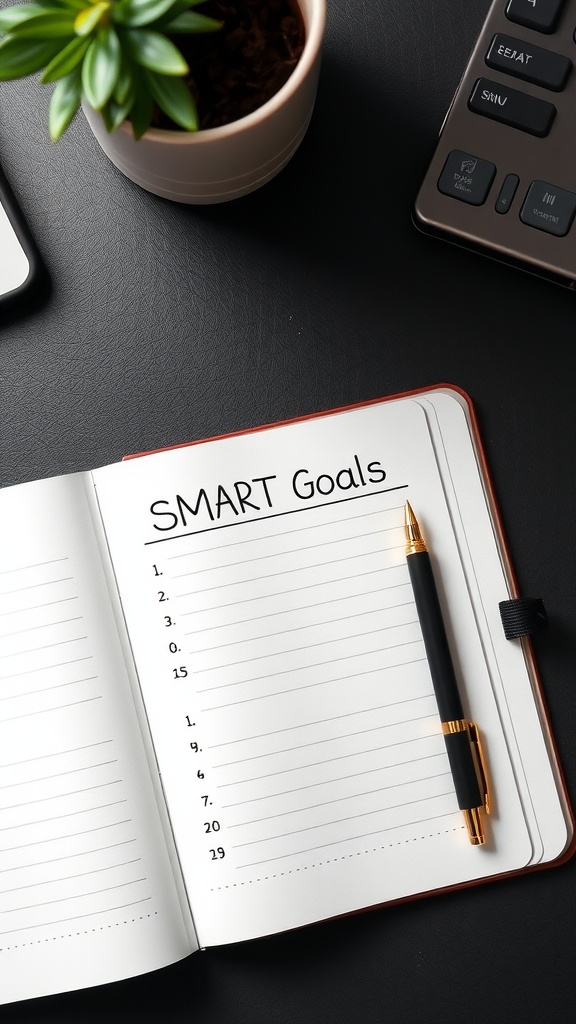 A notebook open to a page labeled SMART Goals, accompanied by a pen and a plant.