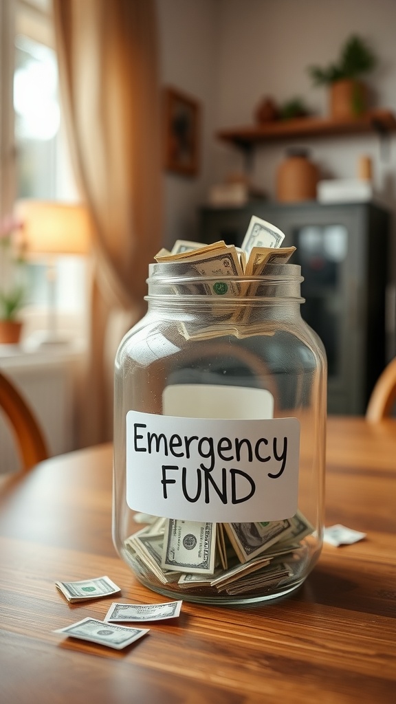 A jar labeled 'Emergency FUND' filled with cash on a wooden table.