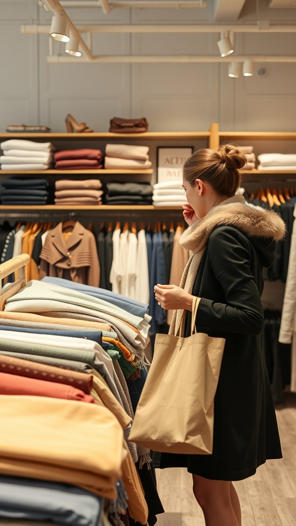 A woman shopping in a clothing store, looking at a selection of colorful fabrics.